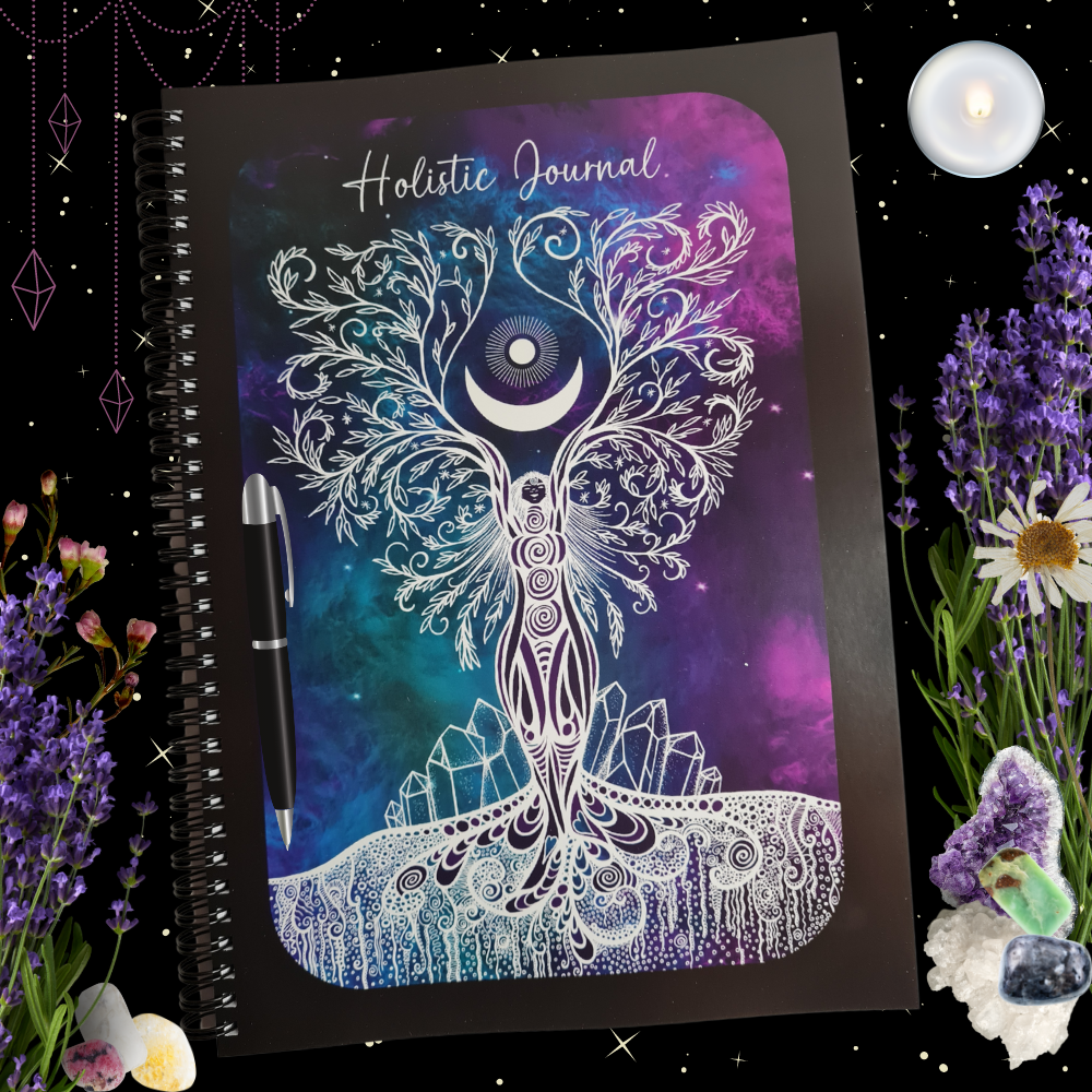 Holistic Journal displayed with crystals and flowers