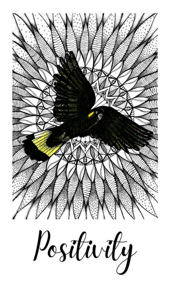 Positivity, yellow feathered black cockatoo flying with background of a sun mandala